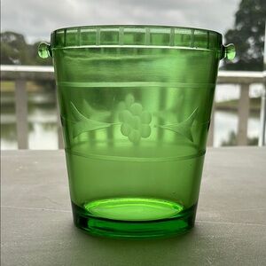 Vintage Uranium Green Depression Glass Ice Bucket with Floral Design